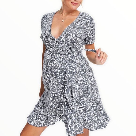 Missguided Maternity Blue Mini Heart Print Ruffle Surplice Deep V Mini Dress NWT - Picture 1 of 14